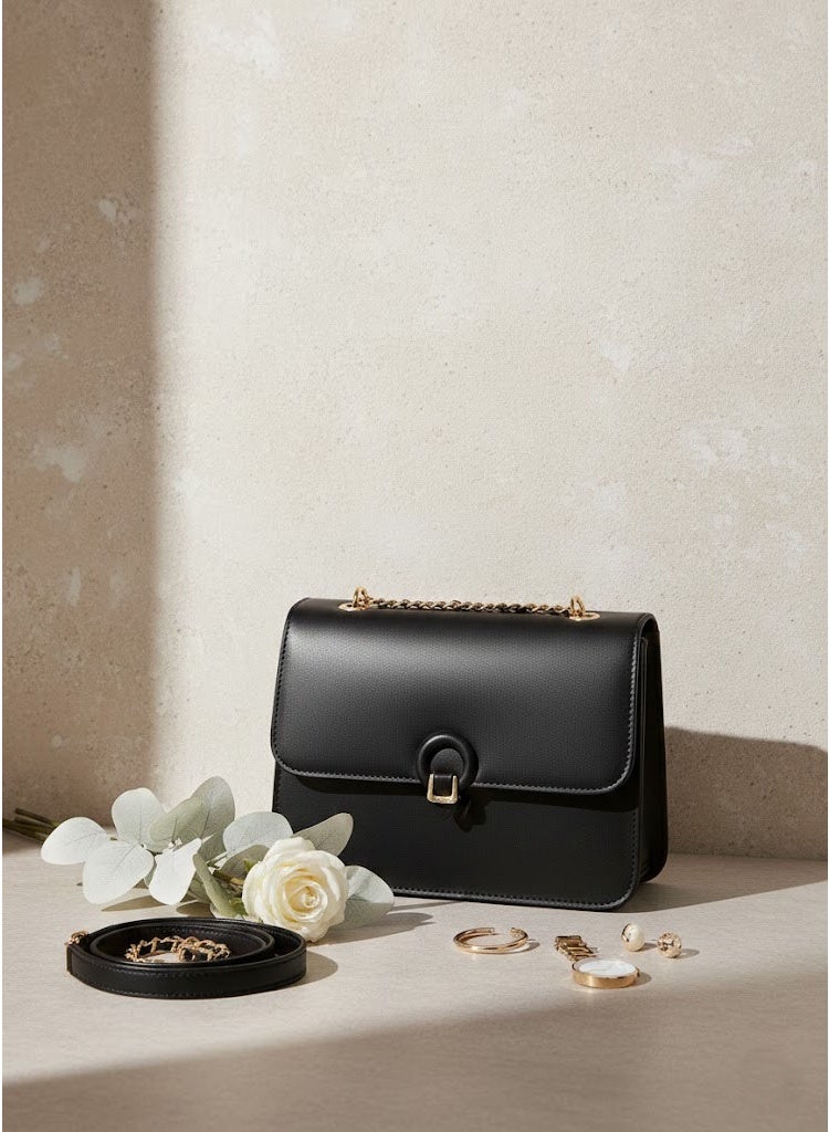 FUMES Black Women’s Luxury Flap Shoulder Bag with Chain Strap and Magnetic Closure - Image 4